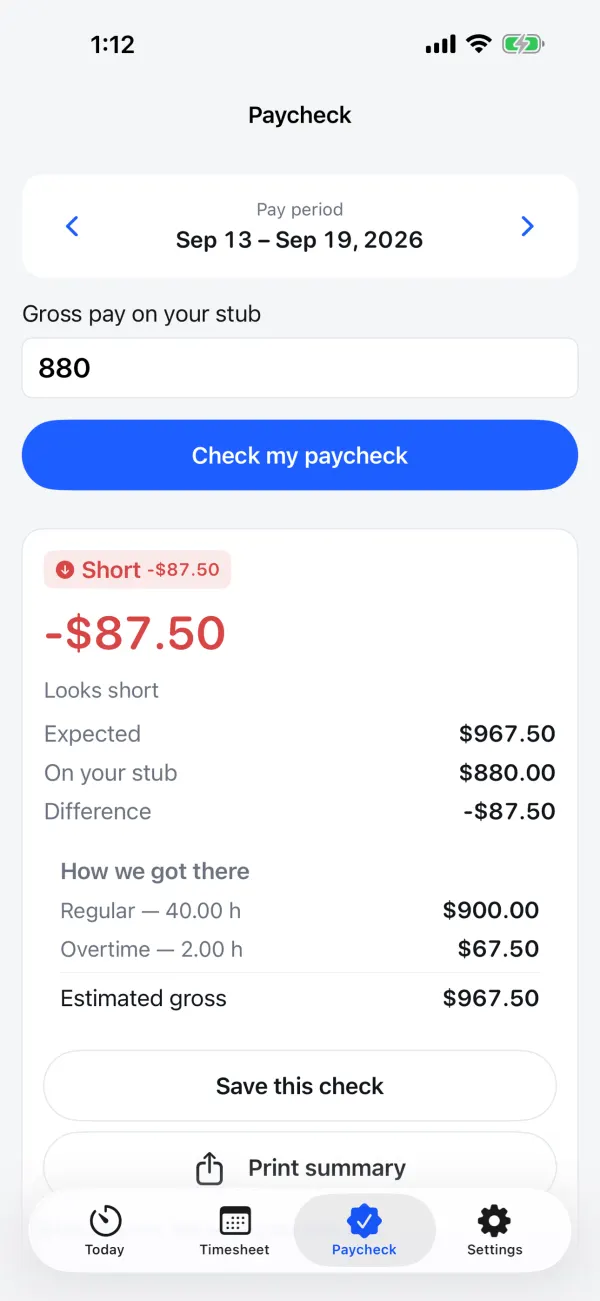Punchd's Paycheck tab: a stub entered as 880, a result card reading Short with the difference, and the regular and overtime lines behind the expected total.