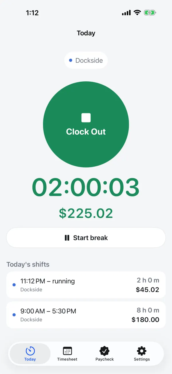 Punchd's Today screen showing a running shift: a large Clock Out button, a 02:00:03 timer, earnings so far, a Start break button and today's shifts.
